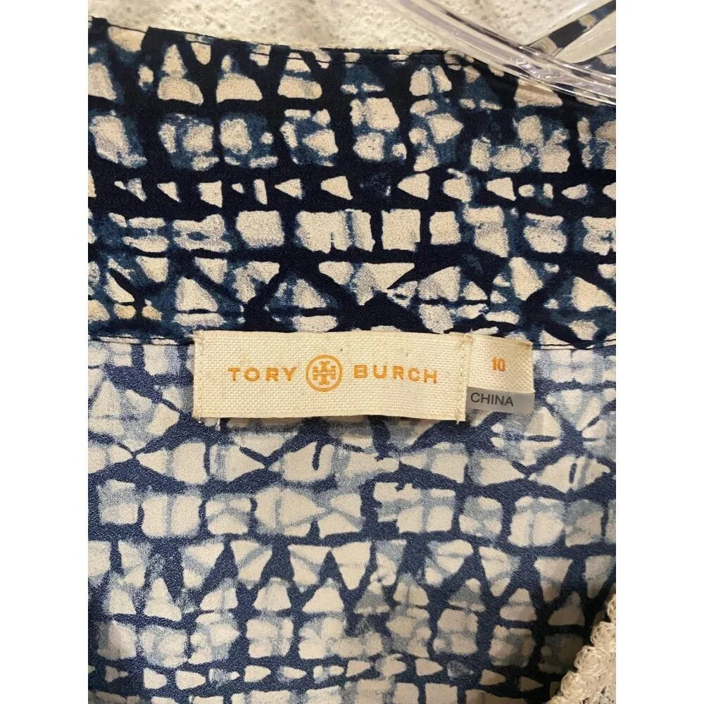 Tory Burch Blouse Womens Size 10 Blue Geometric Tunic Long Sleeve Crochet Trim